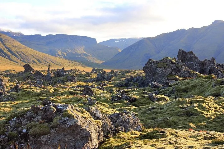 Moss-covered lava field leading to mountains under a cloudy sky